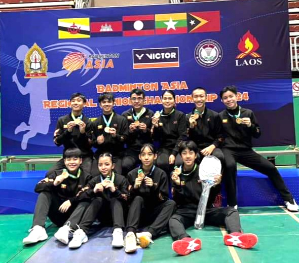 Myanmar badminton players are seen with gold medals at the Badminton Asia U17 & U15 Junior Championships.