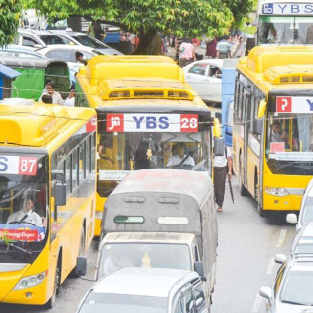 Some YBS vehicles operating in downtown Yangon.